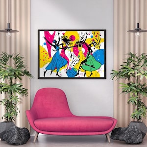 May include: A framed art print featuring a vibrant abstract illustration of dancing figures. The artwork showcases silhouettes in black, with colorful dresses in blue, yellow, and green. The background is a mix of bright colors and shapes.