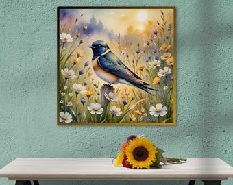 Barn Swallow Watercolor Print: Wildflower Meadow, AI Art (Digital Download)