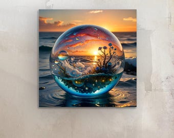Surreal Beach Glass Sphere Print: Dreamlike AI Digital Art (Digital Download PNG Files)