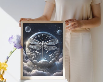 Dragonfly Space Travel Print: Dreamy Clouds, Planets AI Art (Digital Download)