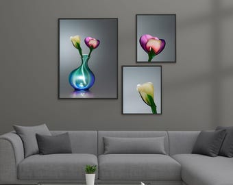 Elegant Glass Vase with Tulips – Modern Floral Art Print, Digital Download for printing, Minimalistic Still Life Artwork, AI Image