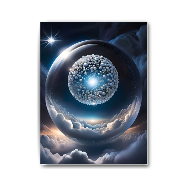Moonlit Diamond and Pearl Sphere, Digital Download Wall Art Image portrait, Moonlight Art Night Sky Print, Celestial Ethereal AI Visual