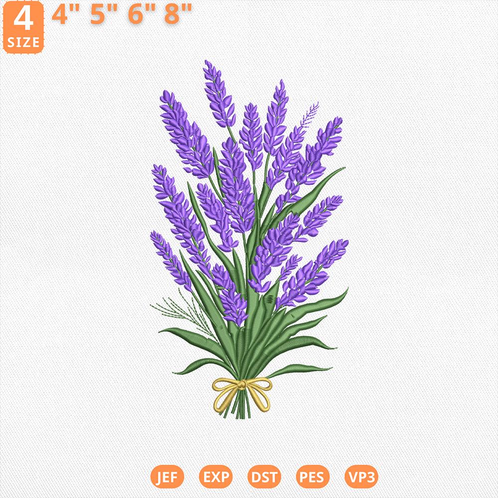 ラベンダーブーケの刺繍デザイン、紫の花の刺繍機ファイル、誕生月の花