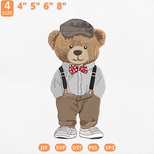 Vintage teddybeer borduurontwerp, schattige beer met bretels machinebestand, klassiek teddyborduurwerk - Pes, Dst, Vp3, Jef, Exp