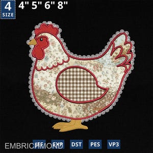 May include: A decorative chicken design with floral and gingham patterns, outlined in red and white lace. The design is available in multiple sizes, including 4", 5", 6", and 8" for embroidery projects. The design includes the text "EMBRICHMOND" and file type abbreviations.