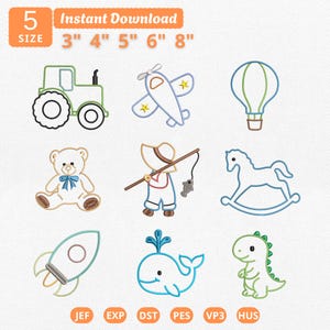 May include: A digital embroidery design set featuring nine icons: a green tractor, a white airplane with yellow stars, a blue hot air balloon, a white teddy bear with a blue bow, a person fishing, a blue rocking horse, a rocket, a whale, and a dinosaur.