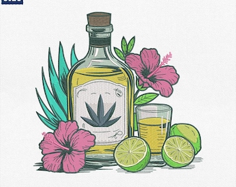 Tropical Bottle Embroidery Design, Floral Tequila Lime Machine Embroidery File, Island Cocktail Summer Embroidery File, Instant Download