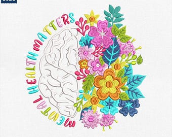 Design de bordado "Mental Health Matters", arquivo de bordado "Meio cérebro, meio crânio floral", arquivo de máquina "Meio cérebro para amor próprio", download instantâneo