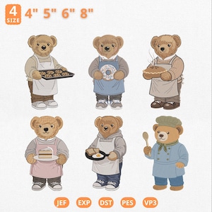 Könnte beinhalten: Gestickte Designs von Teddybären in Koch- und Bäckeroutfits, die Kekse, einen Kuchen, einen Donut, einen Kuchen, ein Spiegelei und einen Löffel halten. Das Bild enthält Größenoptionen von 10, 13, 15 und 20 cm.