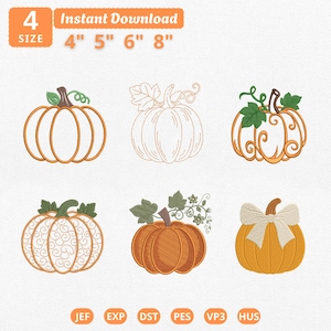 May include: A digital embroidery design set featuring six pumpkin illustrations in various styles, including outline, swirl, and solid fill patterns. Text includes 4 SIZE, Instant Download, 4", 5", 6", 8", and file formats JEF, EXP, DST, PES, VP3, HUS.