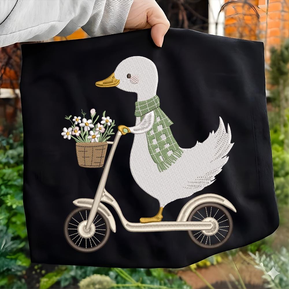 Cute Duck Scooter Embroidery Design, Neutral Nursery Goose Riding ...