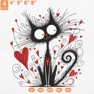 May include: Black and white embroidery design of a cartoon cat with large eyes and a curled tail. The cat is surrounded by red hearts and swirls. The design is available in sizes 4 inches, 5 inches, 6 inches, and 8 inches.