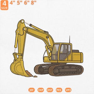 May include: Embroidered patch of a yellow excavator with black treads. The patch is available in sizes 4", 5", 6", and 8". The excavator is a construction vehicle with a detailed design, perfect for decorating clothing or accessories.