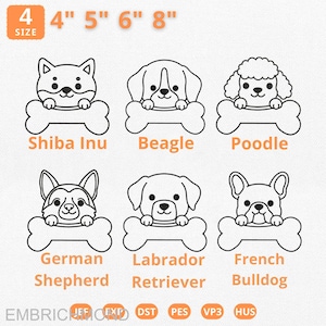 May include: Six line drawings of different dog breeds, each with a bone. Breeds include Shiba Inu, Beagle, Poodle, German Shepherd, Labrador Retriever, and French Bulldog. Sizes are listed as 10 cm, 13 cm, 15 cm, and 20 cm.