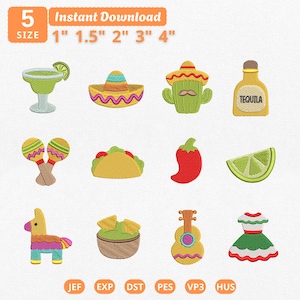 May include: A digital embroidery design set featuring twelve icons including a margarita, sombrero, cactus, tequila bottle, maracas, taco, chilli pepper, lime wedge, piñata, guacamole, guitar, and dress. Text includes 5 SIZE 1" 1.5" 2" 3" 4".