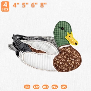 May include: A fabric duck applique with a green checkered head, yellow beak, and brown floral patterned body. The applique is available in sizes 4", 5", 6", and 8" for embroidery projects. The word "SIZE" is in the upper left corner.