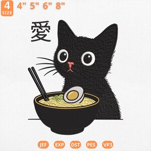 Diseño de bordado de gato de ramen, archivo de máquina de fideos con gato, archivo de gato de anime japonés, imagen de gato de anime, amante del ramen, amante de los gatos, descarga instantánea