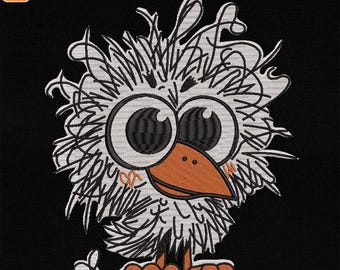 May include: Embroidered design of a cartoon bird with large eyes and an orange beak and feet. The bird is white with black outlines and details. The size is 4", 5", 6", and 8".
