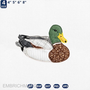 May include: A fabric duck applique with a green checkered head, a yellow beak, and a brown floral patterned body. The duck's wings are a mix of gray, white striped, and brown patterned fabrics. The size is indicated as 4", 5", 6", and 8".