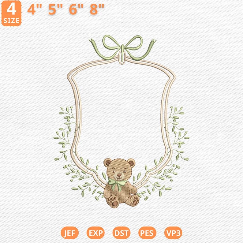Bear Monogram Frame Embroidery Design, Teddy Bear Wreath Crest ...