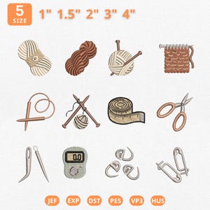 Könnte beinhalten: Eine Sammlung von Stickmustern mit verschiedenen Strick- und Nähwerkzeugen. Enthält Wollknäuel, Nadeln, ein Maßband, eine Schere und Maschenmarkierer. Größen von 2,5 bis 10 cm. Das Wort "SIZE" befindet sich oben links.