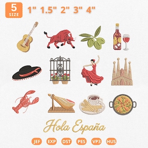 Mini Spain Icons Embroidery Bundle, Hola Espana Spanish Travel Embroidery File, Flamenco, Tapas, Paella Machine File, Instant Download