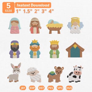 May include: A digital embroidery design set featuring twelve Christmas nativity characters including figures, a manger, an angel, a stable, and animals like a donkey, sheep, camel, and cow. Text includes 5 SIZE and 1" 1.5" 2" 3" 4" JEF EXP DST PES VP3 HUS.