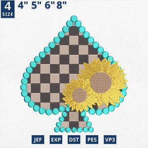 May include: An embroidered spade design with a checkered pattern, turquoise border, and two yellow sunflowers. The design is available in sizes 10 cm, 13 cm, 15 cm, and 20 cm. The image also includes file type abbreviations: JEF, EXP, DST, PES, and VP3.