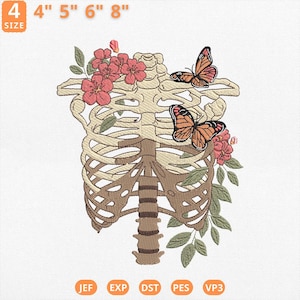 May include: An embroidered design featuring a stylized rib cage adorned with orange butterflies, pink flowers, and green leaves. The design is available in multiple sizes, ranging from 4 to 8 inches. The design is available in JEF, EXP, DST, PES, and VP3 formats.