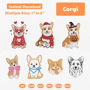 Könnte beinhalten: Ein digitales Stickmuster-Set mit sieben Corgi-Illustrationen: mit Herzbrille und Pullover, Weihnachtsmütze und Lichterkette, Hexenhut und Kürbis, rosa Schleife, blauem Halstuch, Kopfporträt sowie einer Strichzeichnung als Umriss.