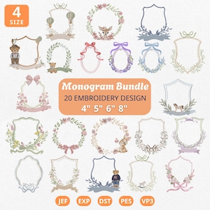 Puede incluir: Un conjunto de 20 diseños de bordado, con marcos y coronas con motivos florales y animales. Los diseños están disponibles en tamaños de 10.16 cm, 12.7 cm, 15.24 cm y 20.32 cm. Se muestra el texto "Monogram Bundle".