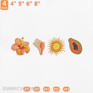 Op de afbeelding: Geborduurde tropische ontwerpen: een hibiscusbloem, een zeeschelp, een zon en een papaja. Beschikbare maten zijn 10, 13, 15 en 20 cm. De tekst "EMBRICH" en bestandstype-afkortingen staan onderaan.