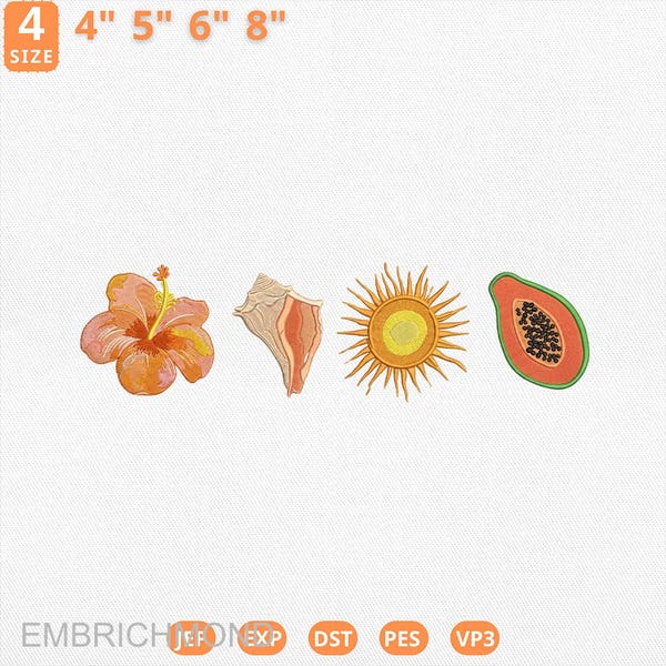 Tropical Summer Icons Embroidery Design, Hibiscus Shell Sun Papaya Mini Motif Set Embroidery, Beach Vacation Machine File, Instant Download