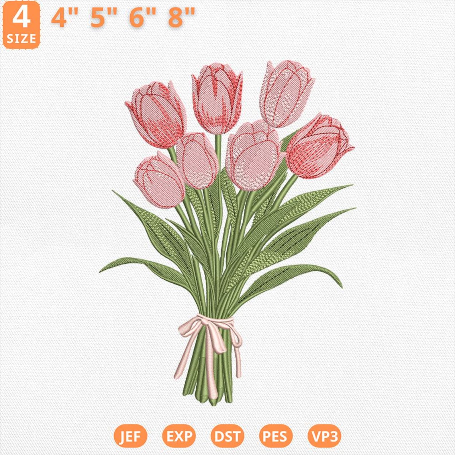 Pink Tulip Bouquet Embroidery Design, Vintage Floral Tulips Machine ...
