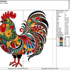 May include: A colorful embroidery design of a rooster, labeled '*6IN*'. The rooster features a red comb and wattle, with a body of orange, yellow, blue, and green. The design is 5.78 inches high and 5.19 inches wide.