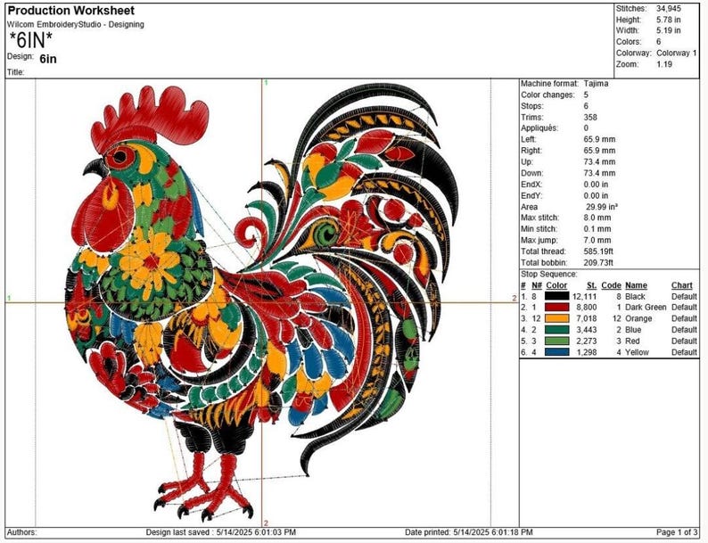 May include: A colorful embroidery design of a rooster, labeled '*6IN*'. The rooster features a red comb and wattle, with a body of orange, yellow, blue, and green. The design is 5.78 inches high and 5.19 inches wide.