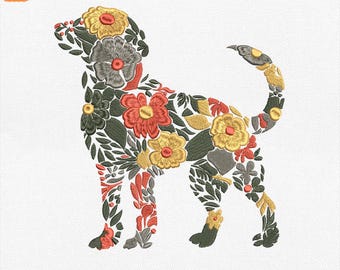 May include: An embroidered dog design, filled with colorful flowers and leaves in shades of red, yellow, green, and gray. The design is available in sizes 4", 5", 6", and 8". The image includes file format options: JEF, EXP, DST, PES, and VP3.
