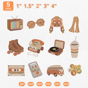 Paquete de bordado Mini 70s Nostalgia Icons, archivo para máquina Retro Groovy Hippie Estética, archivo Vintage Toys Bell Bottoms, descarga instantánea