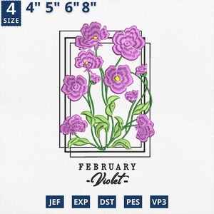 Birth Month Flower Embroidery Design, Violet Flower Machine File, February Flower Design - Pes, Vp3, Dst, Jef, Exp, Instant Download
