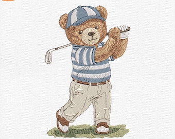 Teddy Bear Golf Embroidery Design, Cute Bear Playing Golf Machine File, Sports Teddy Embroidery File, Fashion Bear Pes, Instant Download
