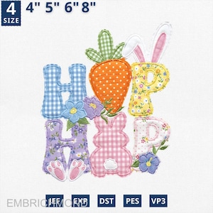 Könnte beinhalten: Ein Ostern-Applikationsdesign mit dem Wort "HOP", das mit bunten, gemusterten Buchstaben und Osterelementen geschrieben wurde. Das Design enthält eine Karotte, Hasenohren und Blumen. Die Größen sind 10,16 cm, 12,7 cm, 15,24 cm und 20,32 cm.