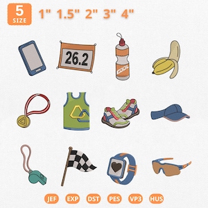 Puede incluir: Parches bordados con diseños temáticos de running. Incluye un smartphone, una pancarta con "26.2", una botella de agua, un plátano, una medalla, un chaleco de running, zapatillas deportivas, una visera, un silbato, una bandera a cuadros, un reloj inteligente y gafas de sol.