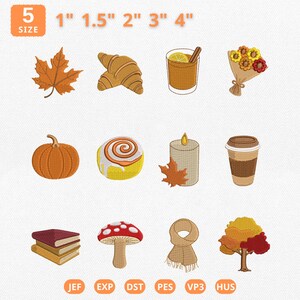 Mini Cozy Fall Icons Bundle Embroidery Design, Cozy Autumn Aesthetic Machine File, Pumpkin, Spice, Books Embroidery File, Instant Download