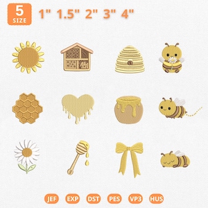 May include: A collection of twelve machine embroidery designs featuring a sunflower, insect hotel, beehive, bee with flower, honeycomb, heart, honey pot, flying bee, daisy, honey dipper, bow, and sleeping bee, with text 5 SIZE 1" 1.5" 2" 3" 4" JEF EXP DST PES VP3 HUS.