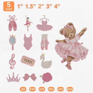 May include: A collection of pink ballet-themed embroidery designs. Includes ballet shoes, a ballerina, a tutu, a mirror, a leotard, a treble clef, a ticket, a swan, a crown, a bow, a rose, and a dancing teddy bear. Sizes range from 1 inch to 4 inches.