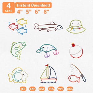 Op de afbeelding: Een digitale borduurontwerpset met vistenthema's, waaronder diverse vissen, een vissershoed, een kunstaas, een dobber, een zeilboot en een hengel. De tekst luidt 4 Size 4" 5" 6" 8" Instant Download JEF EXP DST PES VP3 HUS.