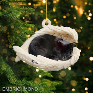 Décoration de Noël personnalisée ange endormi, chat noir, animal de compagnie endormi dans des ailes d'ange, cadeau pour amoureux des animaux de compagnie, décoration d'arbre, cadeau commémoratif pour animal de compagnie