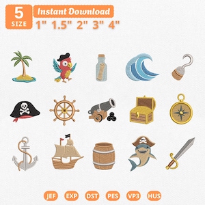 May include: A collection of fifteen pirate-themed machine embroidery designs including a palm tree, parrot, message in a bottle, wave, hook, skull hat, ship wheel, cannon, treasure chest, compass, anchor, ship, barrel, shark, and sword in 1" to 4" sizes.