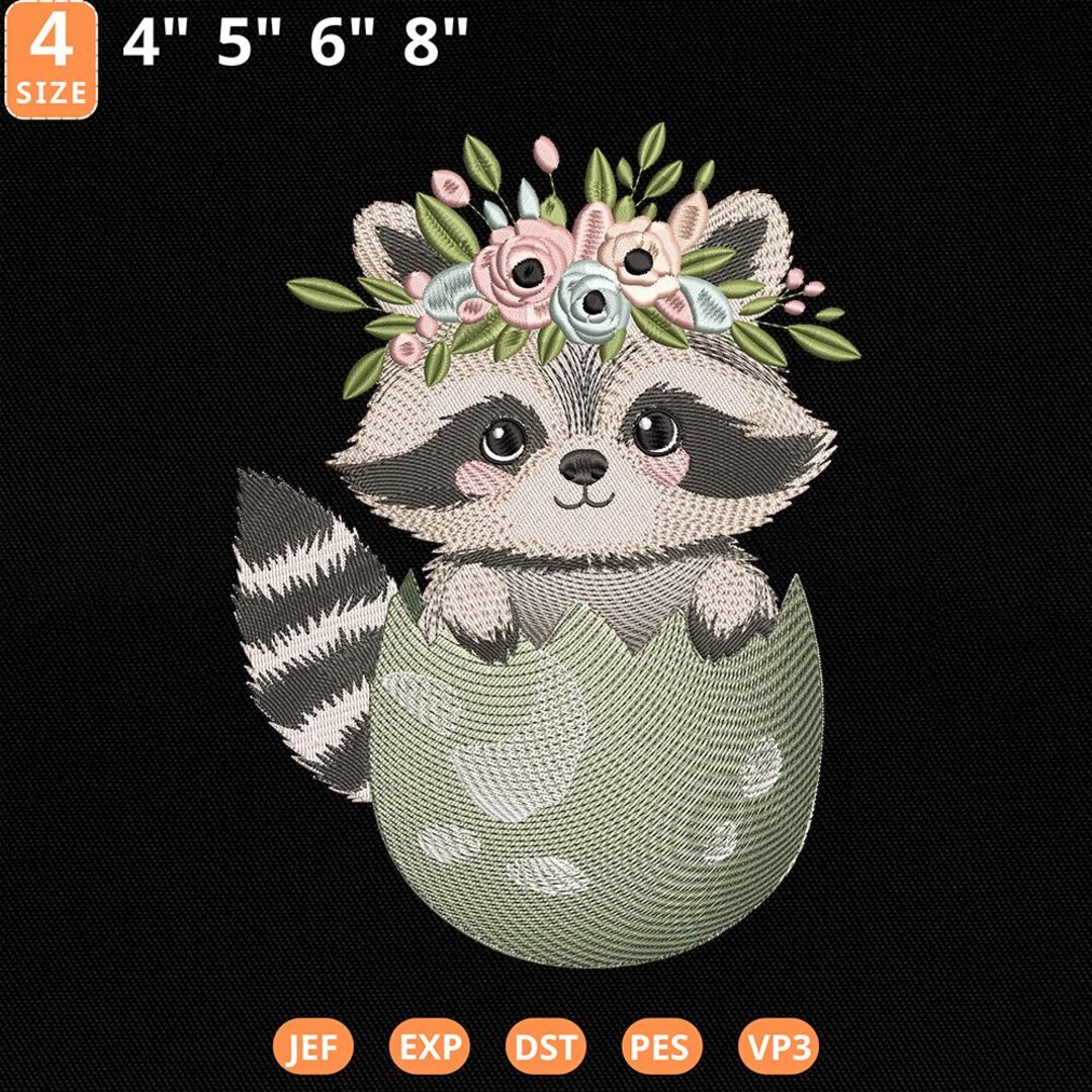 Baby Racoon Design Cute Raccoon Embroidery Design, Baby Raccoon With Floral Crown ...
