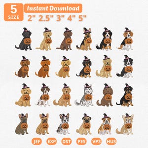 May include: A digital embroidery design collection featuring twenty-four different dog breeds, each wearing a purple-tipped witch hat and holding an orange jack-o'-lantern candy bucket. Text includes 5 SIZE, 2" 2.5" 3" 4" 5", and file formats JEF, EXP, DST, PES, VP3, HUS.